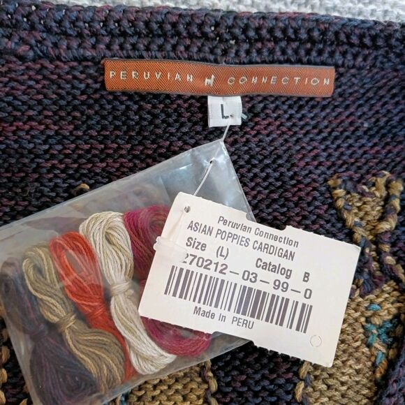 NOS VTG Peruvian Connection Poppies Art-Wear Pima Cotton Cardigan Sweater Sz Lg - Picture 8 of 10